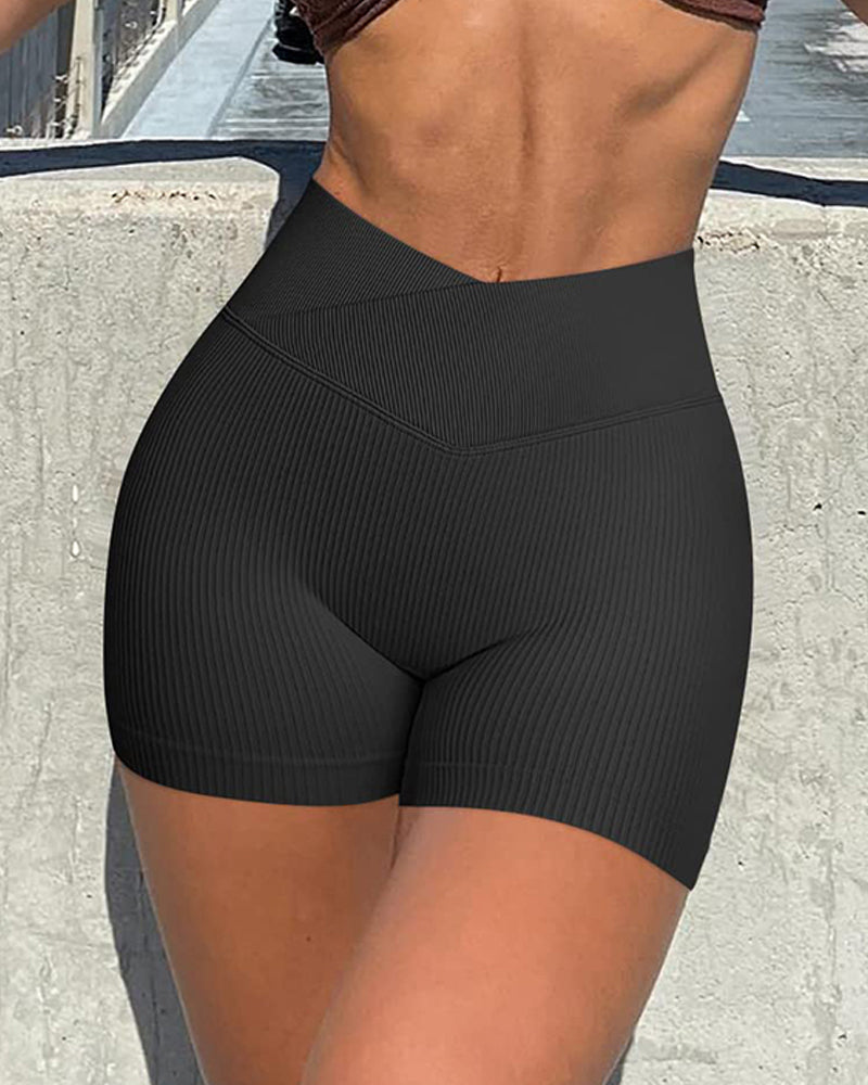 Ribbed V-Waist Workout Elastic Yoga Shorts Solid Slim Fit Leggings