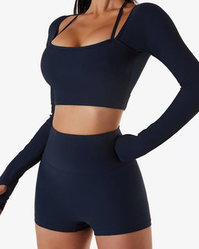 Ribbed Skinny Halter Neck Long-sleeved Yoga Set with Chest Pad