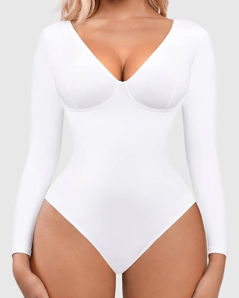 Tummy Control Long Sleeve Bodysuit V Neck One Piece Slim Top Shapewear