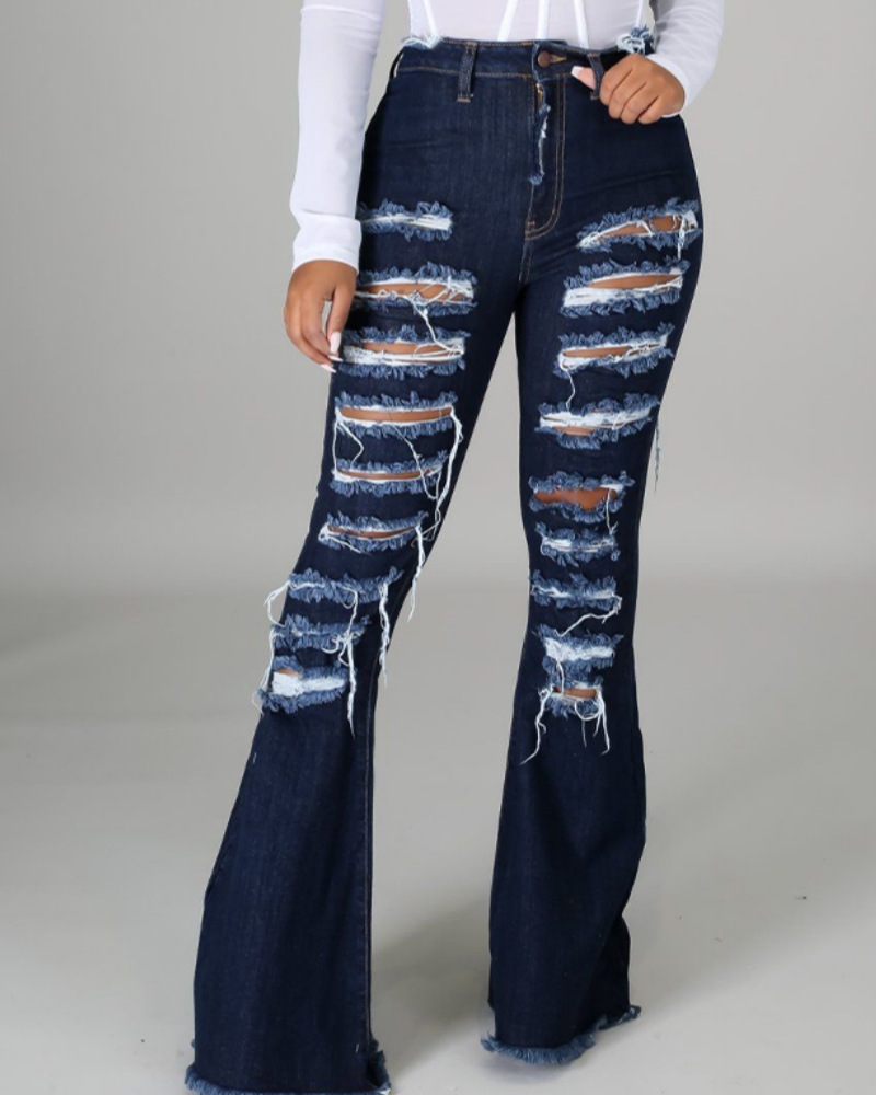 High-Waisted Broken Hole Flared Jeans for Women