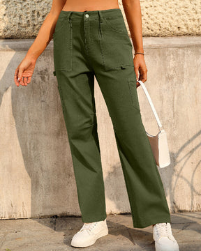 Women's Mid-Rise Solid Straight Leg Cargo Pants With 6 Pockets