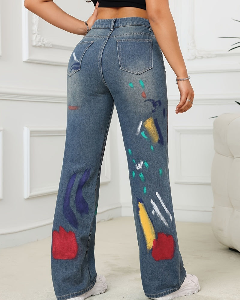 Hip Hop Painted Graffiti Ripped High Waist Straight Simple Versatile Jeans