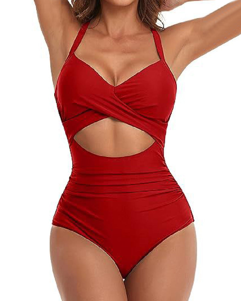 One Piece Cutout Swimsuits Tummy Control High Waist Tie Back Swimwear