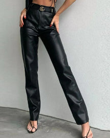 Simple High Waist PU Leather Casual Pants