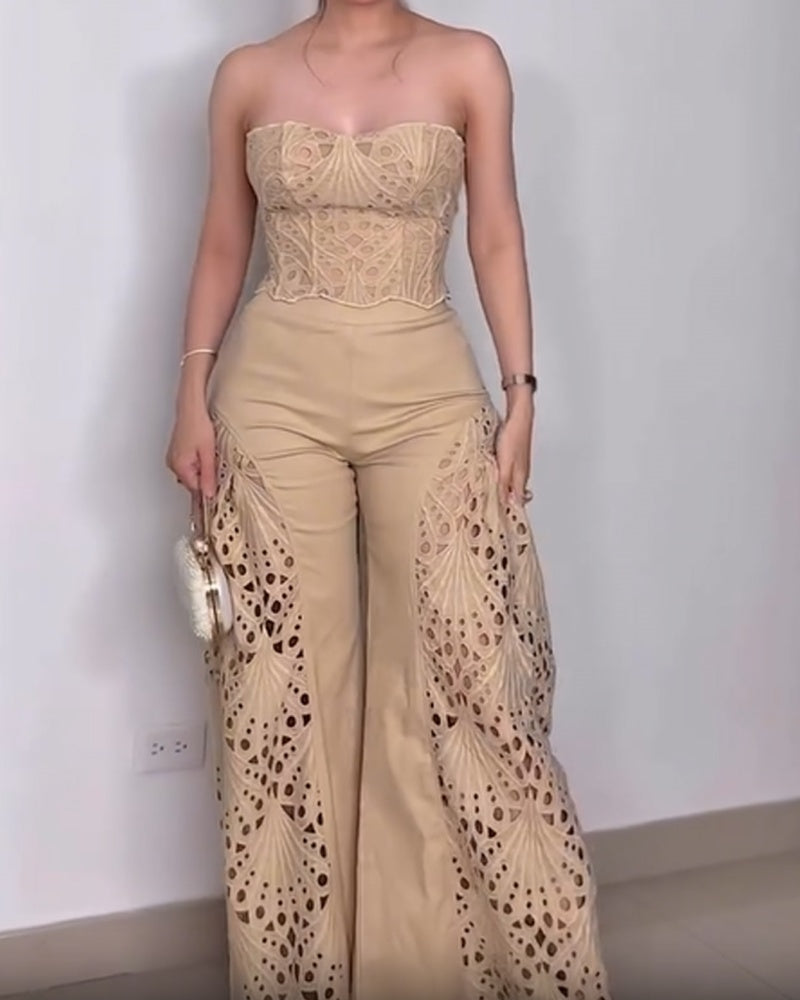 Elegant Strapless Floral Eyelet Cutout Top & Wide Leg Pants Set