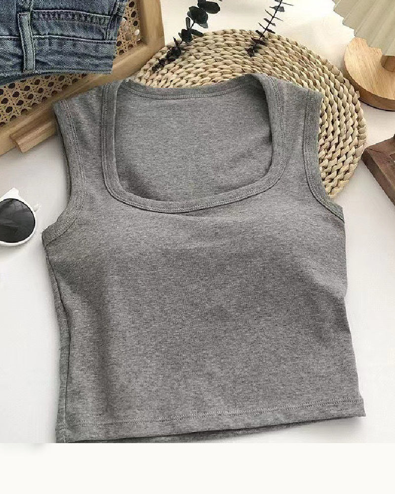 Women's Square Neck Casual Solid Basics Built-in Bra Padded Tank Tops