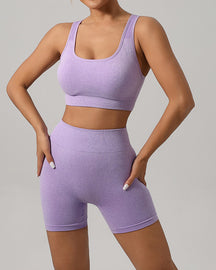 Conjunto de traje de fitness sin costuras para mujer con cuello redondo y sujetador deportivo con levantamiento de glúteos y pantalones cortos