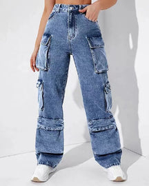 Women's Loose Fit Cargo Jeans Straight Leg Multi-Pockets Denim Pants