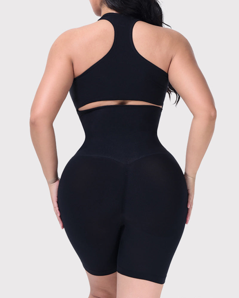 Ribbed Halter Racerback Shapewear Tummy Control Butt Lifting Mid Thigh Bodysuit