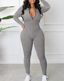 Women's Sexy Ribbed Long Sleeve Zipper Jumpsuits Casual Solid Bodycon Rompers