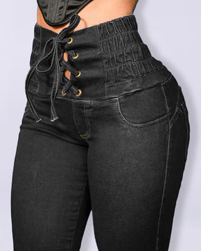 Lace-up High Waist Tummy Control Hip Lift Skinny Jeans