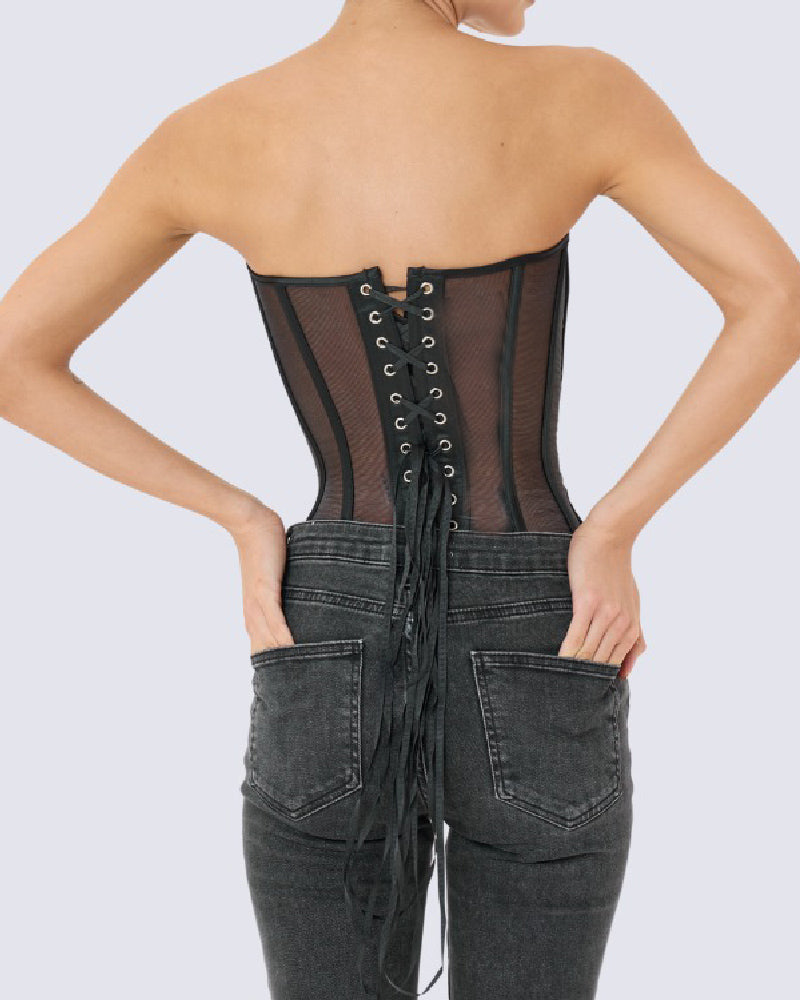 Women's Sexy Mesh Overbust Corset Tops Vintage See Through Slim Bustiers