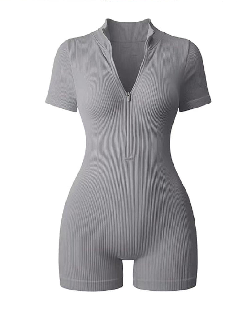 Women's Ribbed Short Sleeve Zip Front Jumpsuit Stretch Tummy Control Yoga Rompers