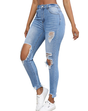 Washed Ripped Slim High Waist Elastic Retro Skinny Jeans for Women