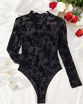 Sexy Mesh Flocked Transparent Slim Mock Neck Hollow Out Long Sleeve Bodysuit