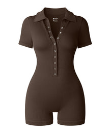 Ribbed Short Sleeve Stand Collar Rompers Front Buttons Stretch Exercise Jumpsuits