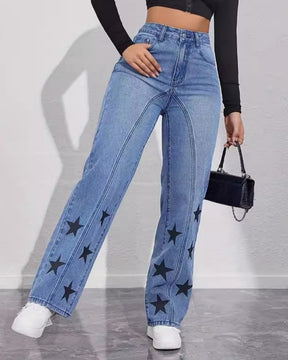 Star Print High Rise Panel Straight Jeans