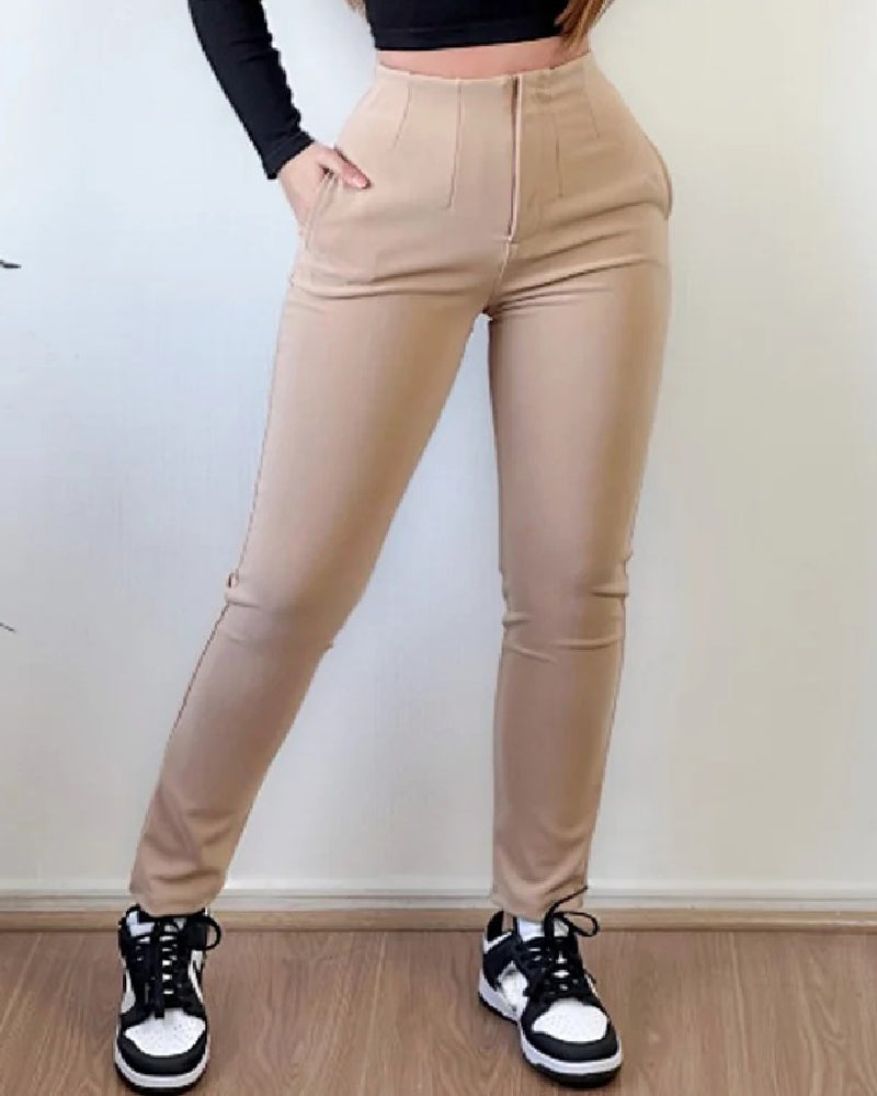 Pantalones de mujer con bolsillo lateral y cintura alta con pliegues entallados