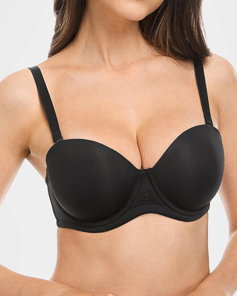 Sujetador negro sin tirantes push up con aros y contorno multidireccional de talla grande