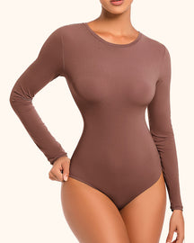 Women's Crew Neck Double Lined Long Sleeve Basic Stretchy Thong Bodysuit