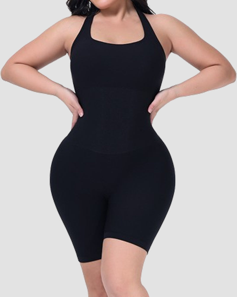 Ribbed Halter Racerback Shapewear Tummy Control Butt Lifting Mid Thigh Bodysuit