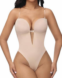 Plunge Backless Bodysuit Seamless Built In Bra Thong Shapewear