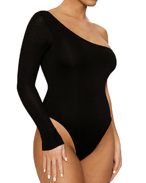 Women's One Shoulder Long Sleeve Thong Tight Tank Top Bodysuit