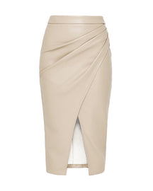 PU Slit Skirt High Waist Zipper Pleated Leather Skirt