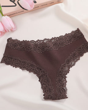 Sexy Mid-Rise Ribbed Cotton Panties Lace Stitching Comfy Lingerie