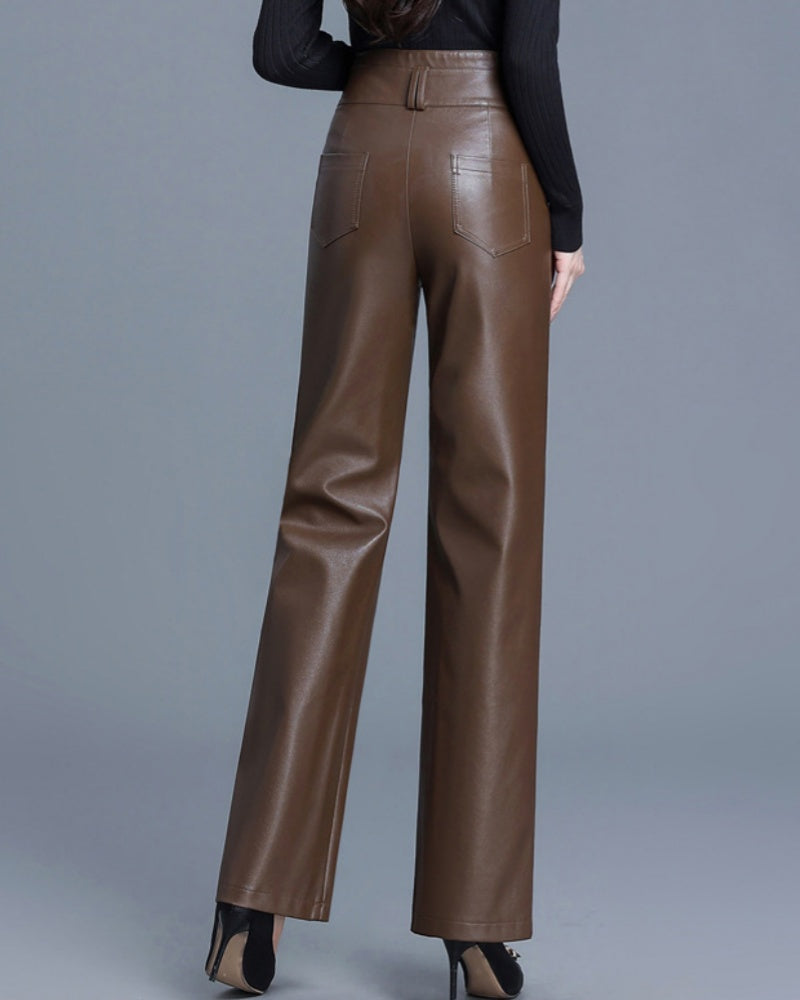 New High Waist Slim Fit Versatile Wide Leg Leather Pants for Women