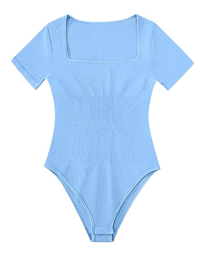 Women's Square Neck Sexy Ribbed Short Sleeve Thong Tummy Control Bodysuits