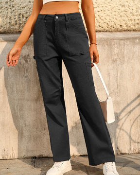 Women's Mid-Rise Solid Straight Leg Cargo Pants With 6 Pockets