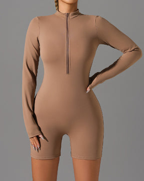 Seamless Mock Neck Long Sleeves Jumpsuit Sports Zip Up Shorts Romper