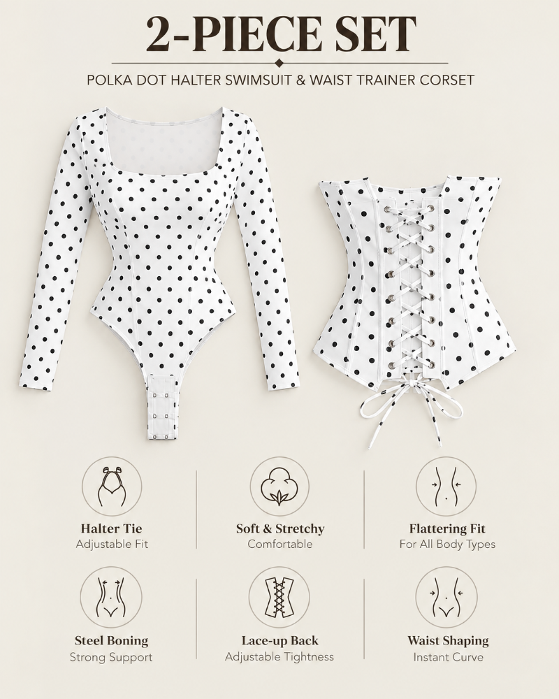 Polka Dot Square Neck Long Sleeve Bodysuit Detachable Corset Two Piece Set
