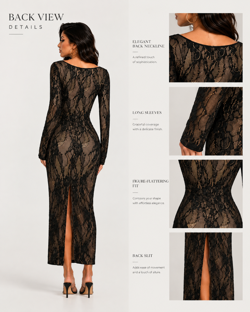 Square Neck Long Sleeve Lace Bodycon Maxi Dress