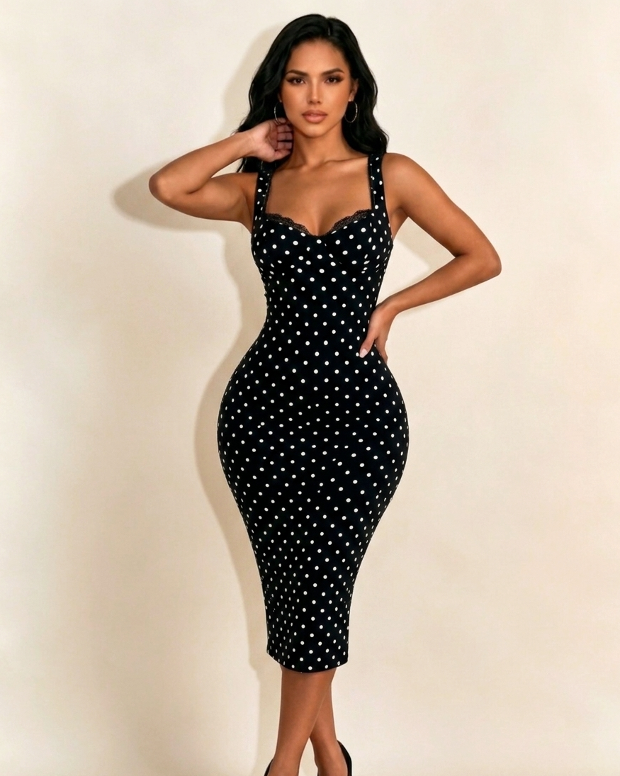Women's Sexy Slim-Fit Stretchy Classic Polka Dot Hourglass Maxi Dress (Upgraded fabric)