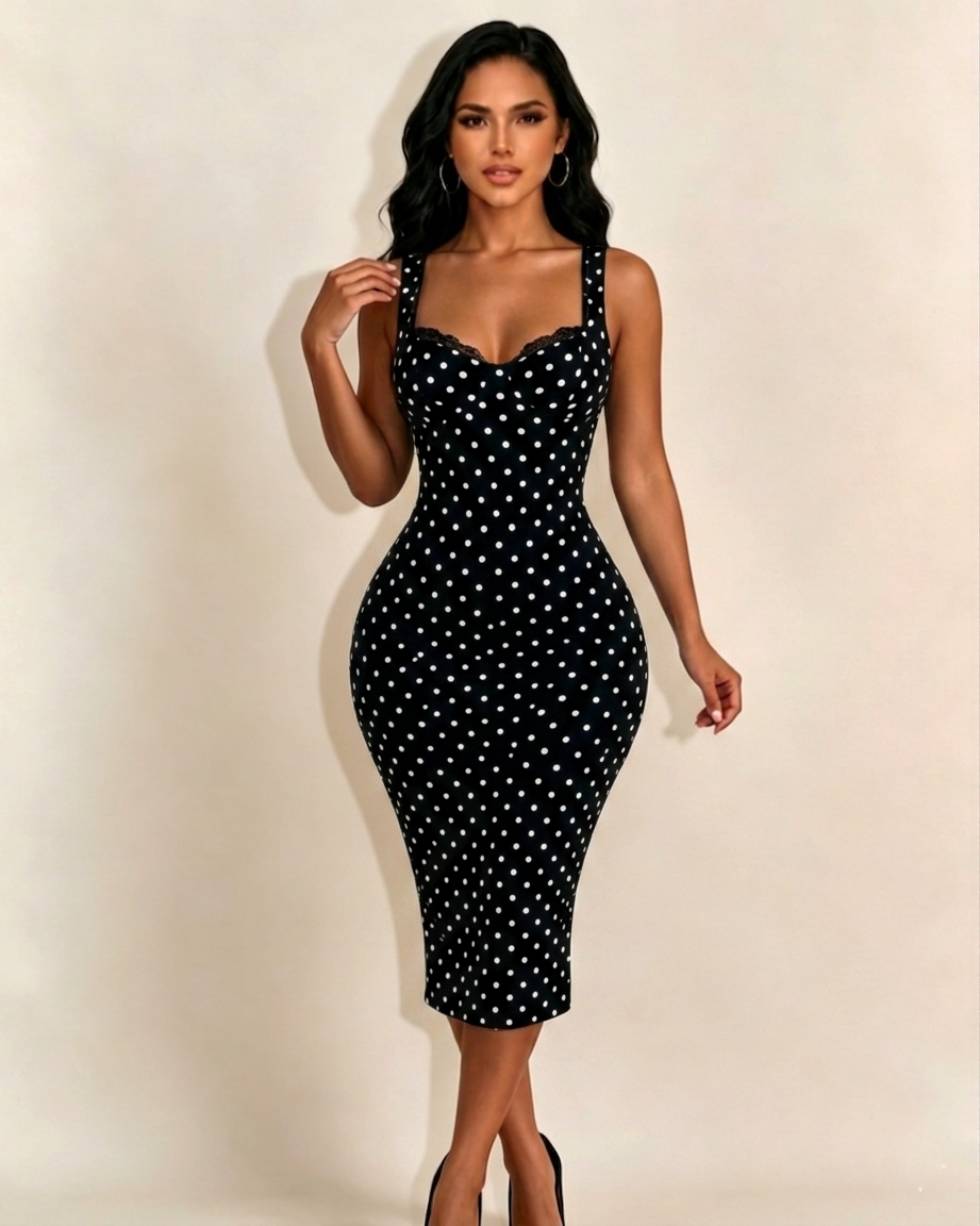 Women's Sexy Slim-Fit Stretchy Classic Polka Dot Hourglass Maxi Dress (Upgraded fabric)