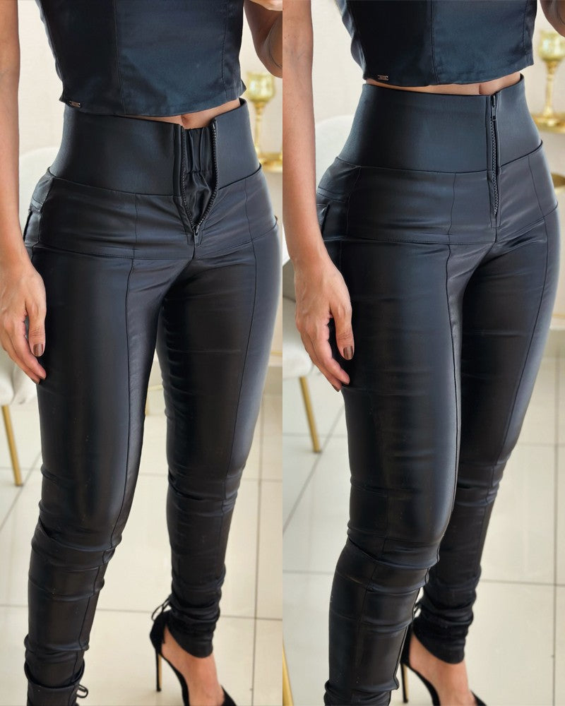 High Waist Zipper Closure Front Anti-Pinch Double-layer Tummy Control PU Leather Pants（Pre-Sale）