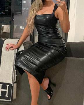 Sexy Slim Fit Leather Vest Maxi Dress with Suspenders for Curvy Women