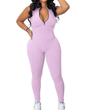 Ribbed Sleeveless High Stretch Bodycon One Piece Zipper Front Workout Jumpsuit