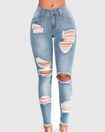 High-waisted Hip-lifting Stretch-leg Ripped Jeans