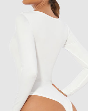 Women's Seamless Square Neck Long Sleeve Bodysuits Sculpting Thong Bottoming Shirt Body Shaper