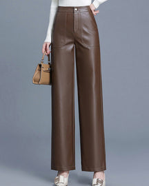 Versatile PU Leather Wide-leg Leather Pants for Women High Waist Slim Straight Pants