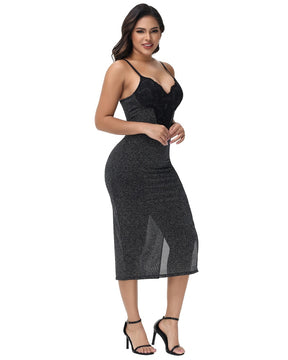 Sexy Lace V Neck Metallic Sparkling Bodycon Slit Cami Midi Slip Dress