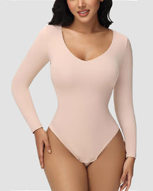 Women's Long Sleeve V Neck Seamless Bodysuits Tummy Control Thong Shapewear