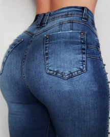 High waist Diamond Studded Beaded Hip Lift High Elastic Skinny Jeans