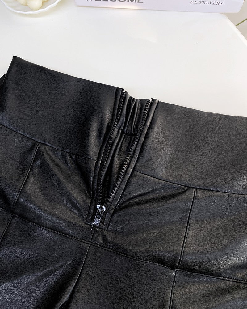 High Waist Zipper Closure Front Anti-Pinch Double-layer Tummy Control PU Leather Pants（Pre-Sale）