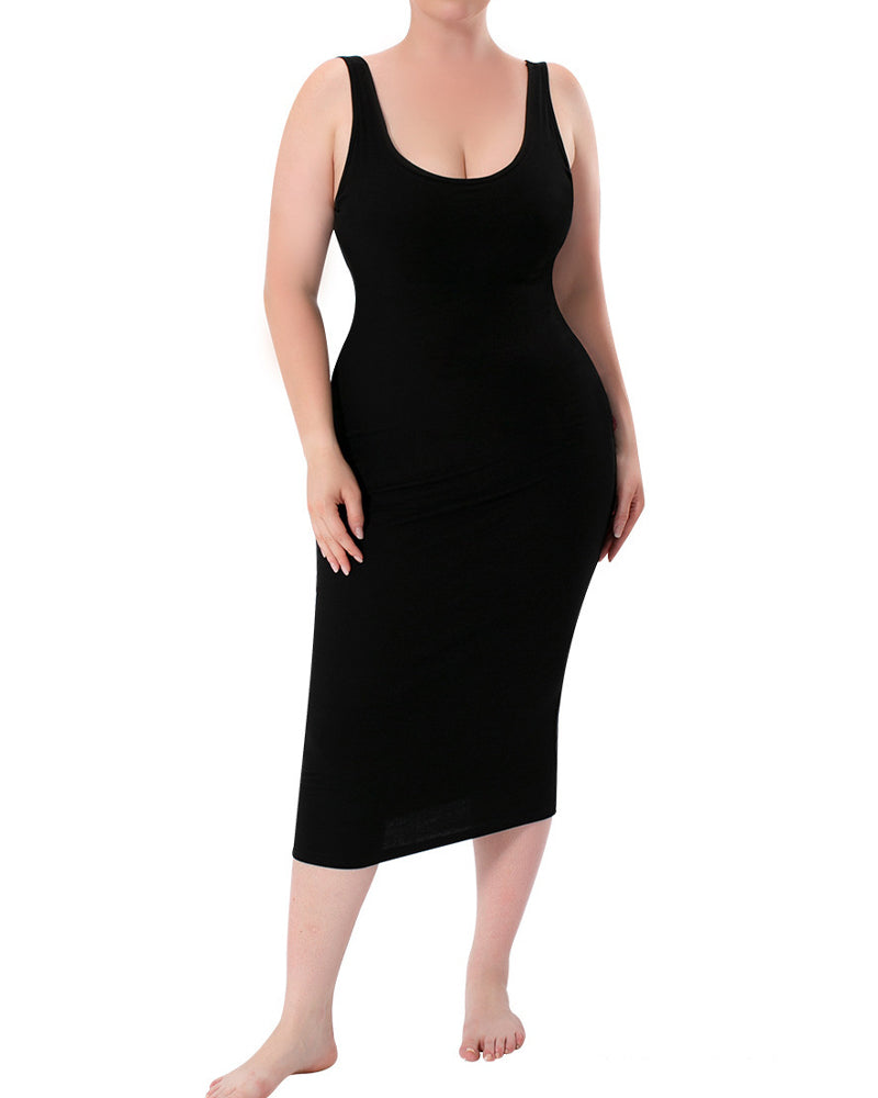 Women's Sleeveless Tank Midi Shapewear Dress Double Layer Tummy Control Bodysuit Dress