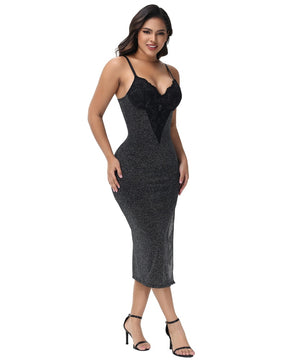 Sexy Lace V Neck Metallic Sparkling Bodycon Slit Cami Midi Slip Dress