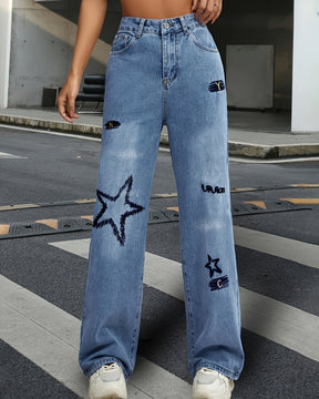 Embroidered High-wasit Straight-leg Wide-leg Jeans